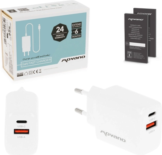 Movano GaN sieťová nabíjačka 20 W USB-C PD + USB-A biela