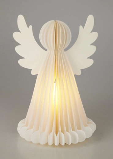 Svietiaci vianočný anjel z papiera s časovačom 28 cm, 6 LED, biely