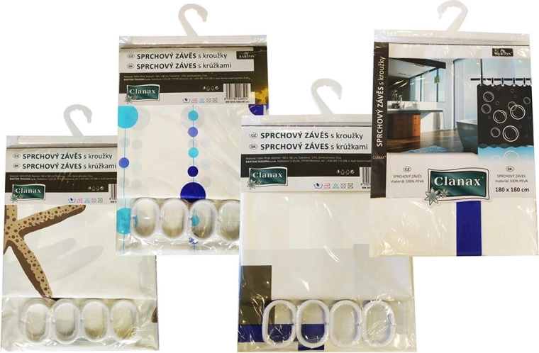 Kúpeľňový záves PEVA 180 × 180 cm s 12 háčikmi, mix dekorov