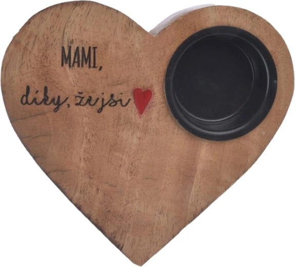 Svietnik z mangového dreva v tvare srdca „mami“ 13 × 12 × 2,5 cm