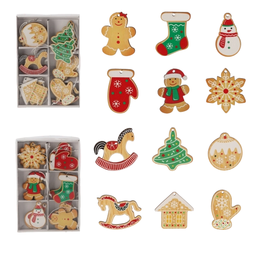 Sada 18 drevených vianočných ozdôb v tvare perníčkov