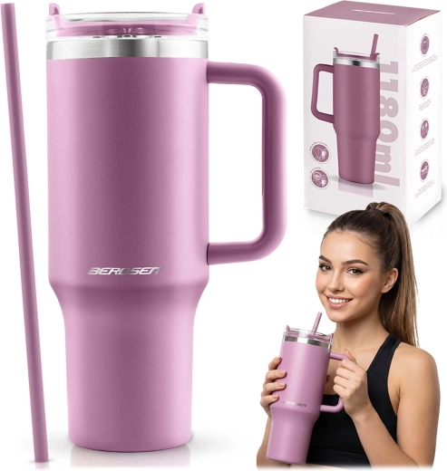 Berdsen ružový vákuový termohrnček so slamkou 1180 ml