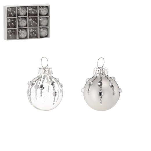 Sada sklenených vianočných ozdôb – strieborné a číre gule, 12 ks
