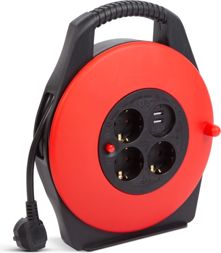 Káblový bubon s plastovým držiakom, 3 zásuvky a 2 USB porty, 10 m
