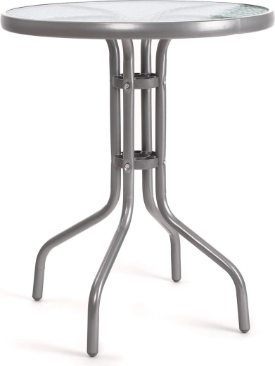 záhradný odkladací stolík so sklenenou doskou, priemer 60 cm, strieborný