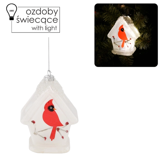 Sklenená vianočná dekorácia s LED – vtáčik v kŕmidle