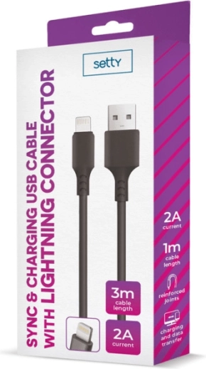Setty USB–Lightning kábel 3 m 2 A čierny