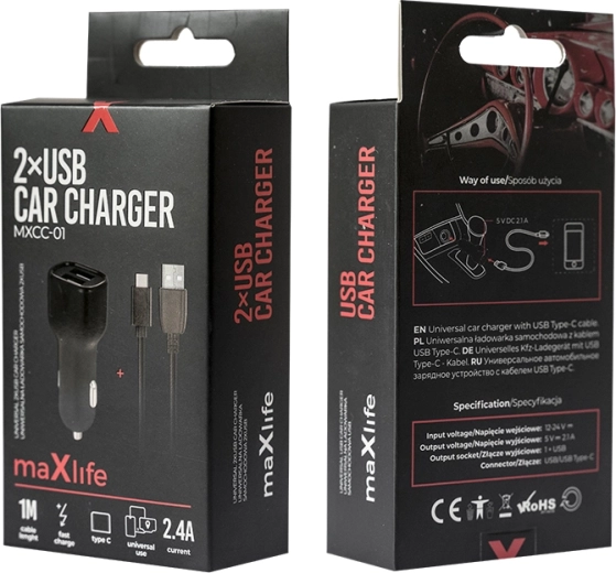 Autonabíjačka MAXLIFE 2× USB + USB‑C 2,4 A, čierna