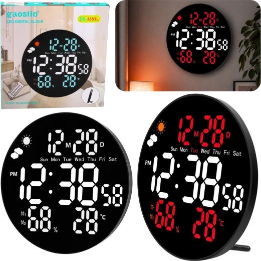Gaosio digitálne LED nástenné hodiny 25 cm s teplotou, vlhkosťou a diaľkovým ovládaním