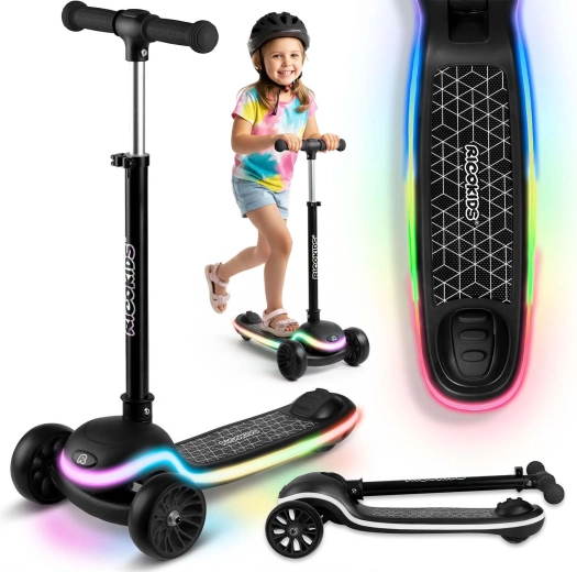 Detská trojkolová balančná kolobežka s LED podvozkom Ricokids Leddi – čierna