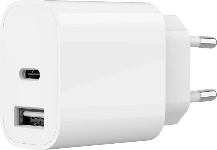 Univerzálna sieťová USB nabíjačka s 2 portmi (USB‑A + USB‑C) 2.4 A, biela