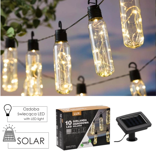 Solárna záhradná svetelná girlanda 10 LED, teplá biela, 3,8 m