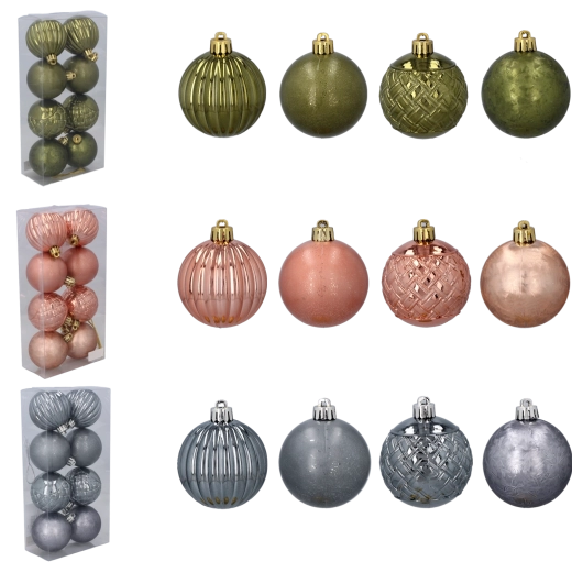 Sada vianočných gúľ 6 cm – olivové, medené a grafitové odtiene, 8 ks