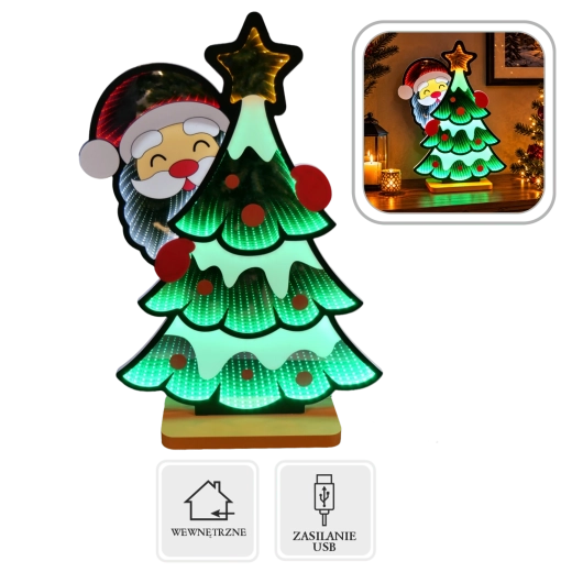 Vianočná 3D dekorácia Santa Claus so stromčekom s infinity zrkadlovým LED efektom 37,6 × 12 × 55,9 cm