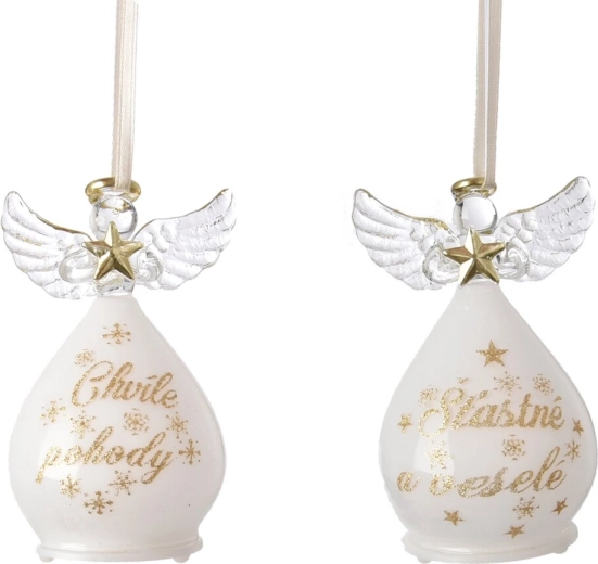 Závesná sklenená vianočná dekorácia anjel s LED osvetlením 14 cm (2 varianty)
