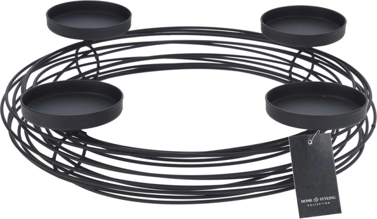 Kovový drôtený svietnik na 4 sviečky, okrúhly, čierny