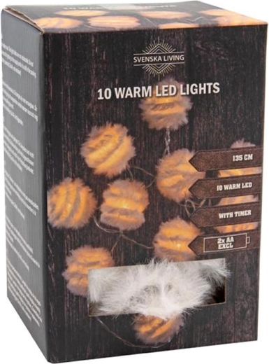 Vianočný svetelný reťaz s 10 LED guľami s pierkami a časovačom 1,35 m – teplé biele svetlo