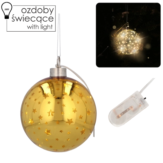 Sklenená vianočná guľa 10 cm so zlatými hviezdičkami a LED osvetlením, sada 6 ks