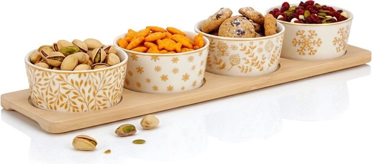 Porcelánové mištičky na občerstvenie na bambusovom podnose, 5-dielna sada
