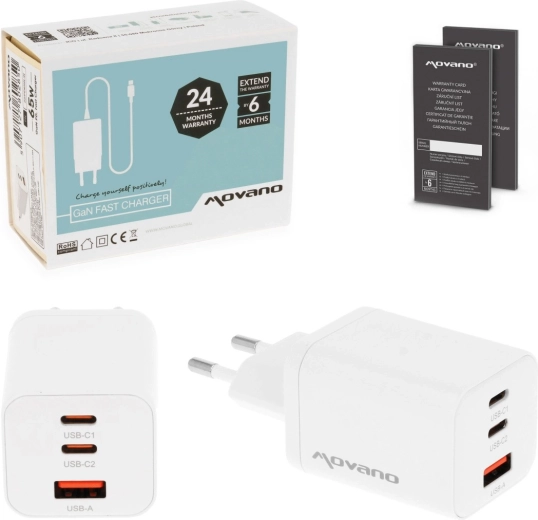 Movano GaN nabíjačka 65 W, 2× USB-C PD + USB-A biela