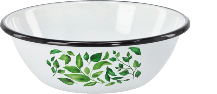 Smaltovaná miska 0,6 l, priemer 16,5 cm, biela s motívom fikusu