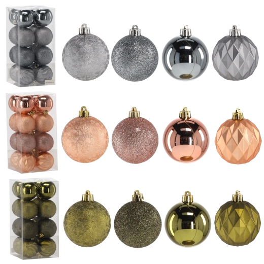 Sada vianočných ozdôb 6 cm – olivová, medená a grafitová, 16 ks
