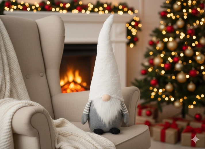 Vianočný škriatok 70 cm bielo‑sivý