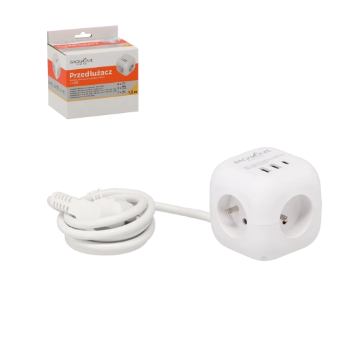 Kocka predlžovacia zásuvka 3×230 V a 3× USB, 1,5 m, biela