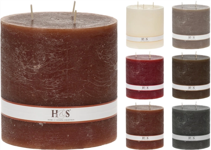 Rustikálna valcová sviečka 14 × 14 cm s 3 knôtmi – mix farieb