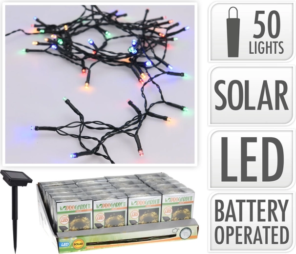 Solárny svetelný reťaz 2 m, 50 LED, farebné, zelený drôt