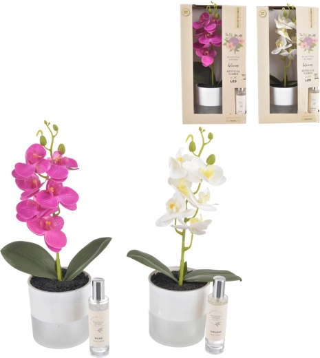 Dekoratívna orchidea v kvetináči s LED osvetlením a vonným sprejom 30 ml