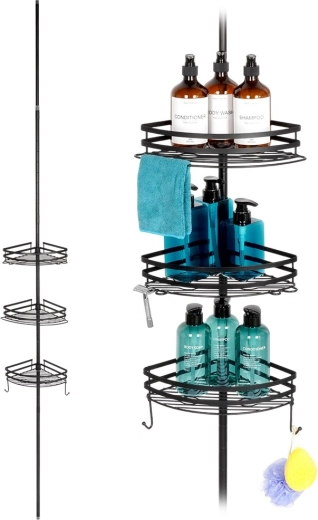 Rohová teleskopická sprchová polica z kovu, čierna, nastaviteľná