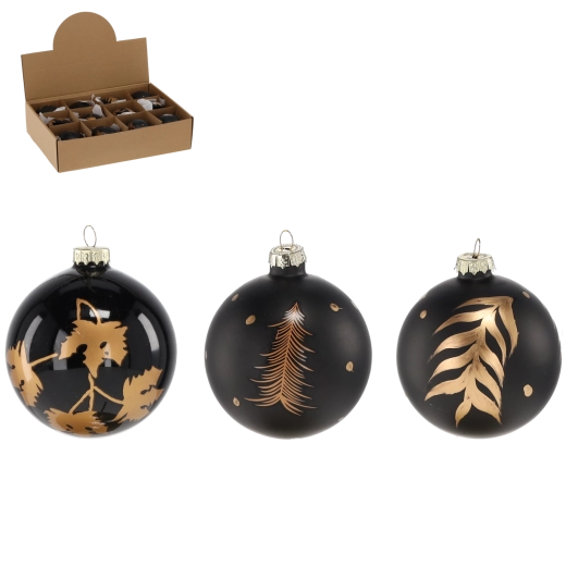 Sklenené vianočné gule 8 cm – čierne s dekorom, sada 12 ks