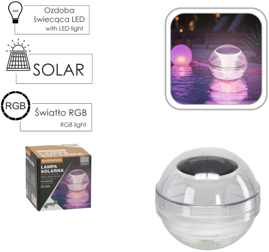 Solárne plávajúce LED svetlo do bazéna 10,5 cm, 22 LED, multicolor