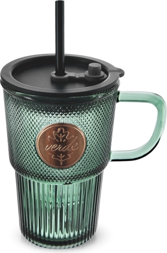 Sklenený hrnček s viečkom a slamkou VERDE 450 ml