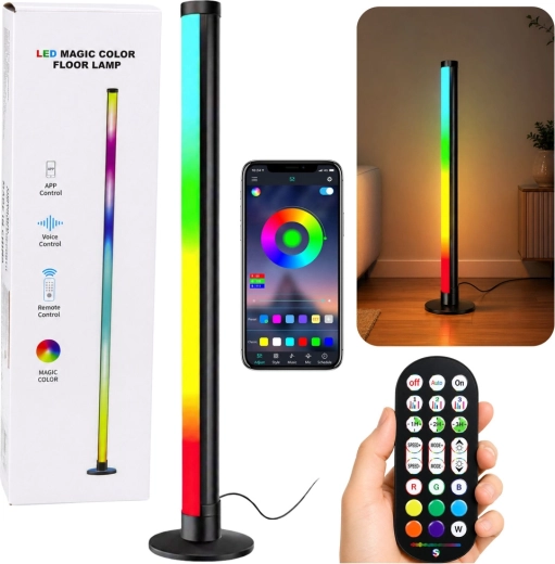 RGB LED rohová stojacia lampa 90 cm s hudobným režimom, aplikáciou a diaľkovým ovládačom