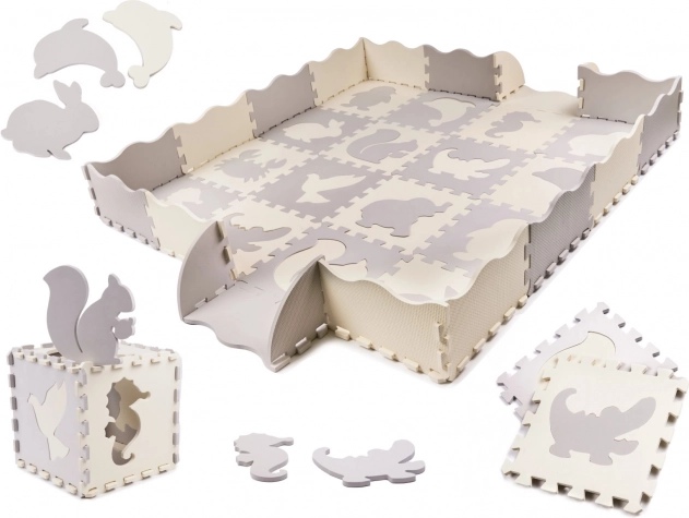 Penená vzdelávacia penová podložka puzzle, sivá a ecru, 36 dielov, 150 × 150 cm