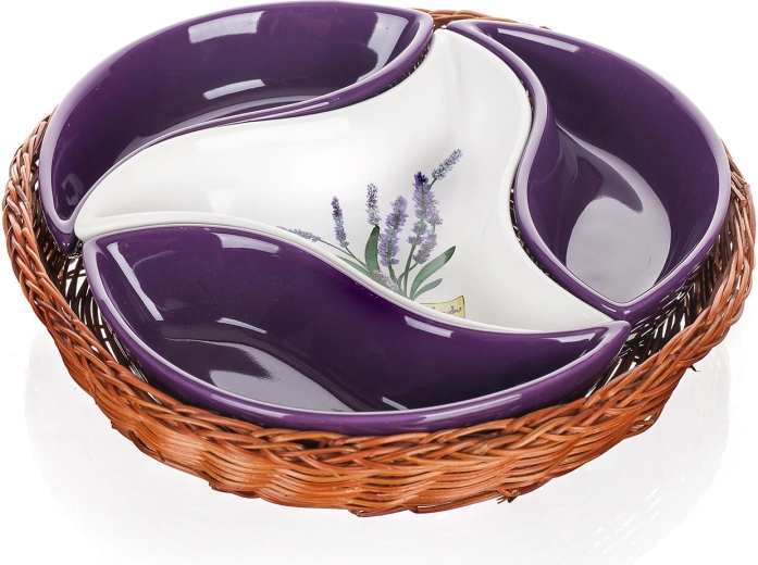 Súprava servírovacích misiek LAVENDER v prútenom košíku, priemer 23 cm