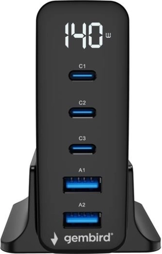 Univerzálna GaN nabíjačka 140 W s LCD, 3× USB-C a 2× USB-A, čierna