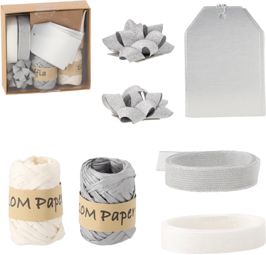 Vianočná sada na balenie darčekov – strieborná a biela, 11 dielov