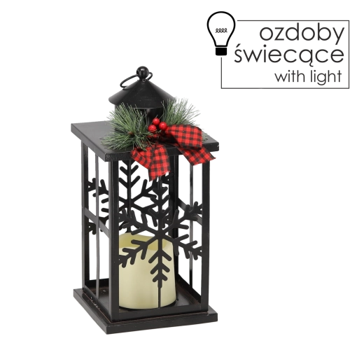 Vianočný kovový LED lampáš so snehovými vločkami, čierny 31,5 cm