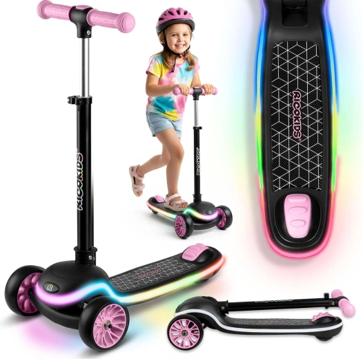 Detská trojkolová balančná kolobežka s LED podsvietením RICOKIDS Leddi – čierno‑ružová