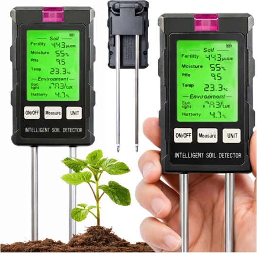 Digitálny merač pôdy 6v1 s LCD – vlhkosť, pH, teplota, svetlo a úrodnosť