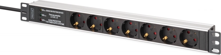 PDU lišta do 19" racku s prepäťovou ochranou a EMI/RFI filtrom, 7 zásuviek Schuko, kábel 2 m, vidlica CEE 7/7, 16 A