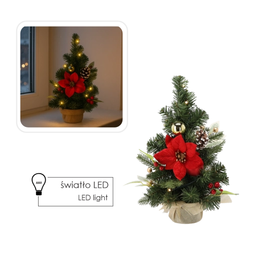 Stolový vianočný stromček 40 cm s teplými LED, červeno‑zlatý