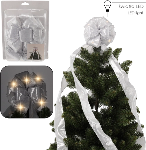 Strieborná LED kokarda na špičku vianočného stromčeka 1,8 m