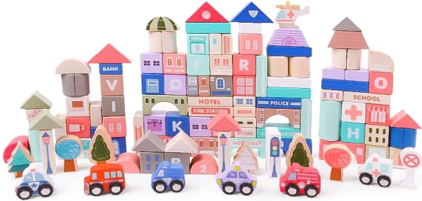 Drevené vzdelávacie kocky mesto s podložkou 115 ks ECOTOYS