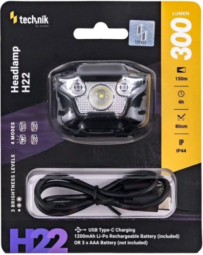 Technik čelovka H22 s USB‑C, bielym, červeným a zeleným svetlom (300 lm)