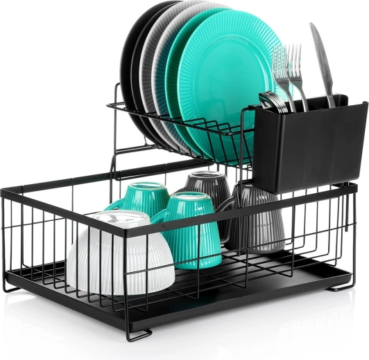 Dvojposchodový kovový odkvapkávač na riad, čierny 42 × 28 × 28 cm