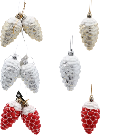 Sada vianočných ozdôb – šišky 9 cm – lesklé plastové v zlatej, striebornej a červenej